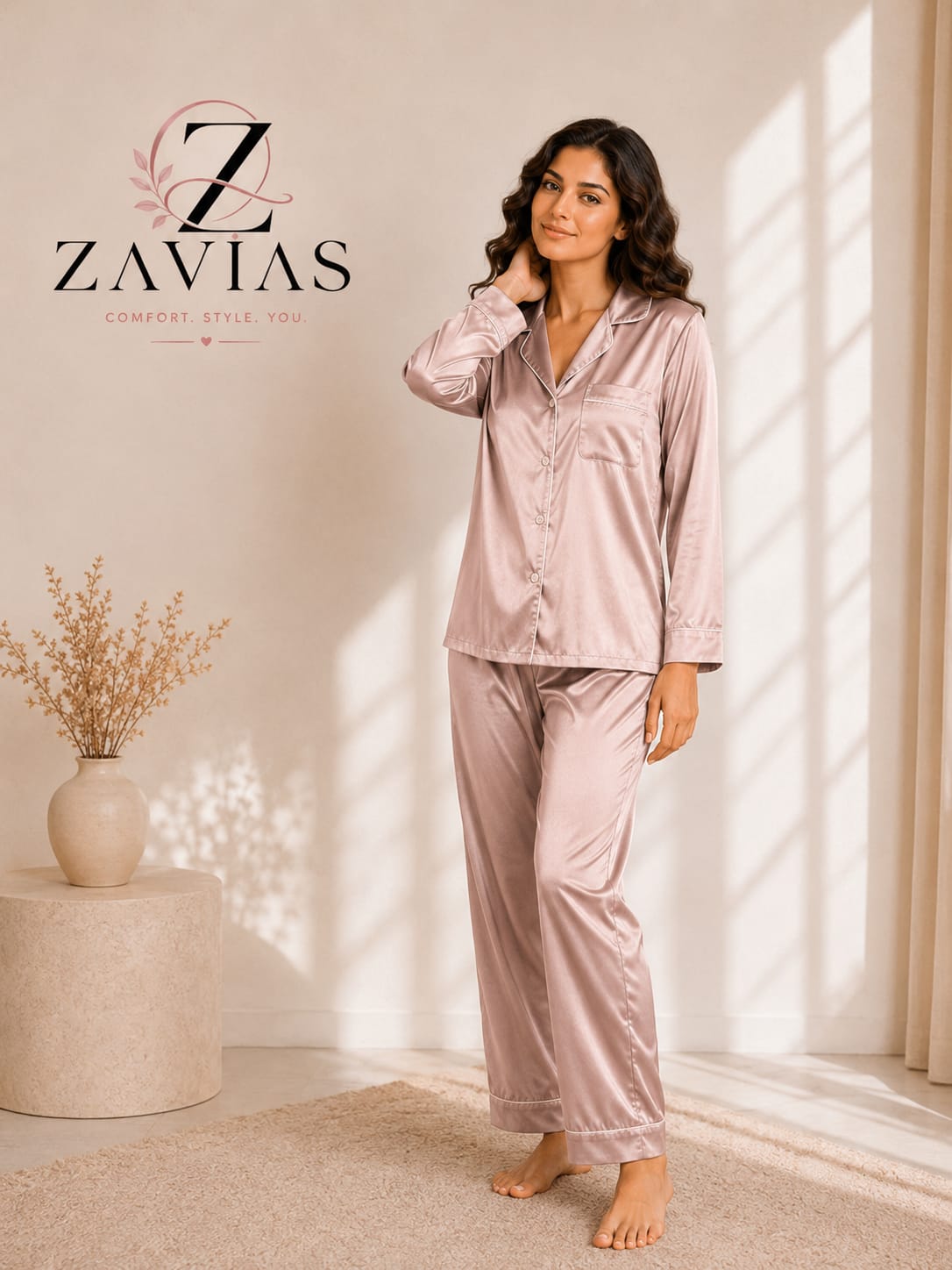 PLAIN SILK NIGHT SUIT - DUSTY ROSE