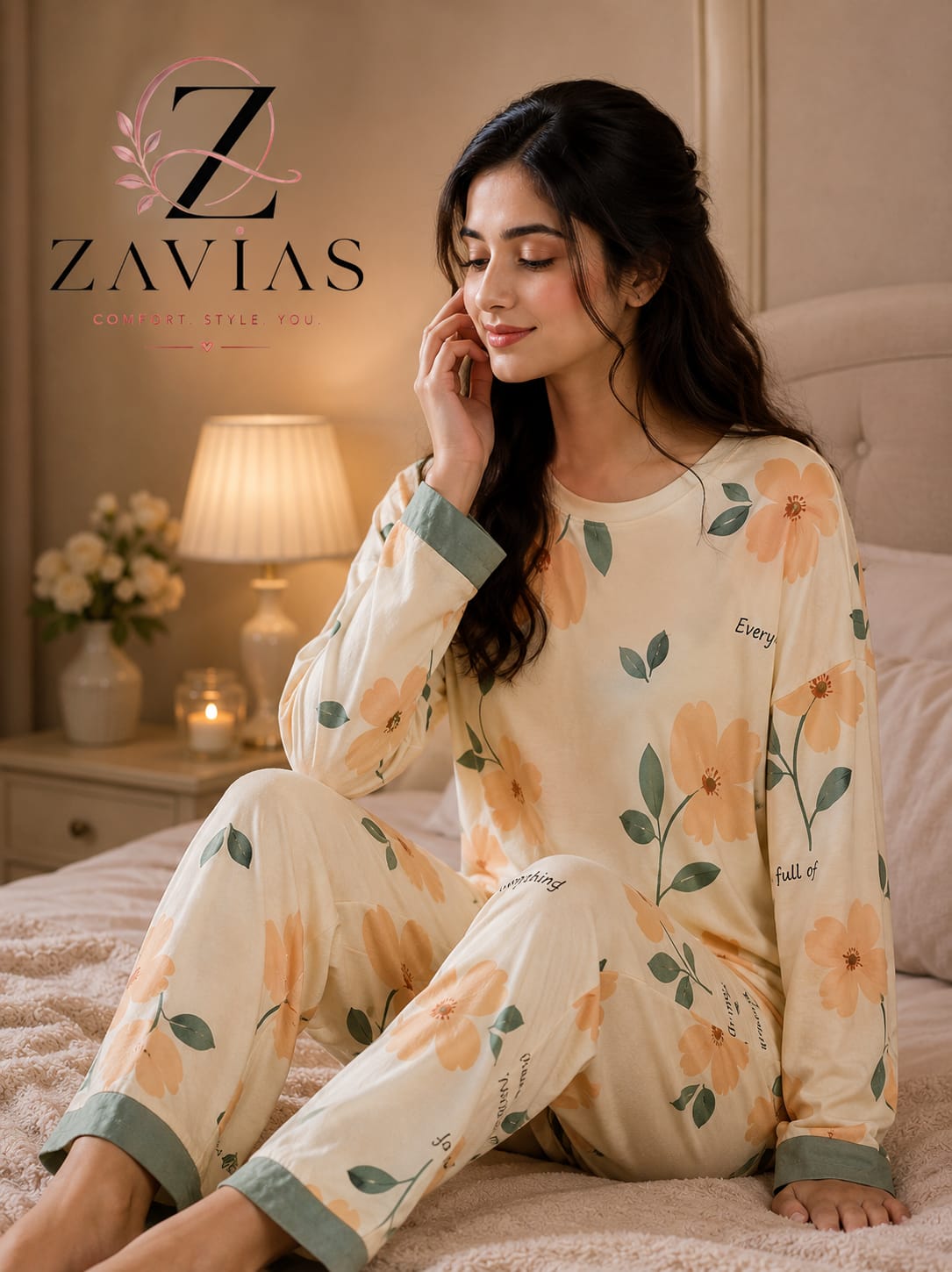 ORANGE FLOWER PRINTED PJ SUIT FULL SLEEVES
