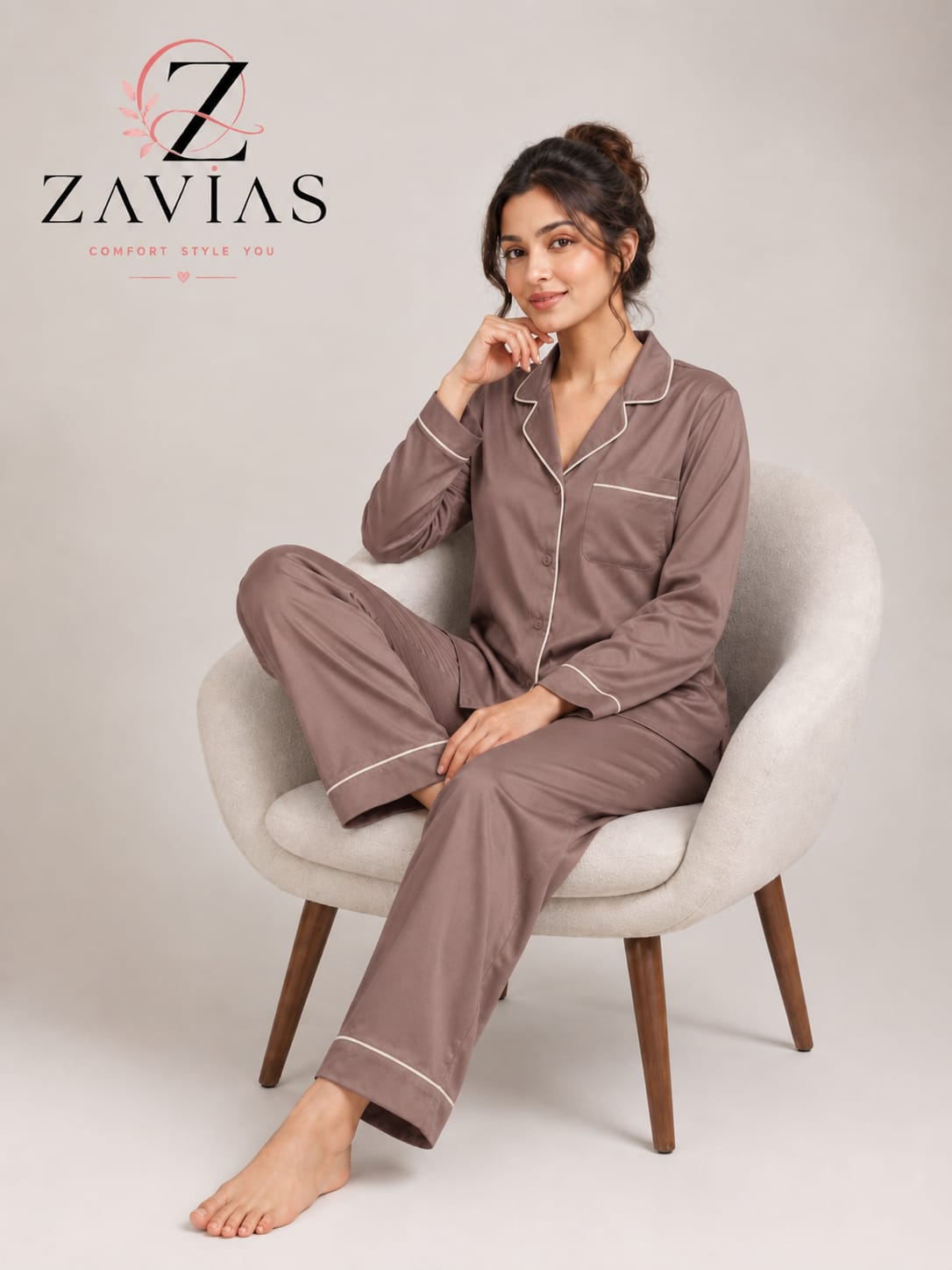 PLAIN SILK NIGHT SUIT - DUSTY MOCHA