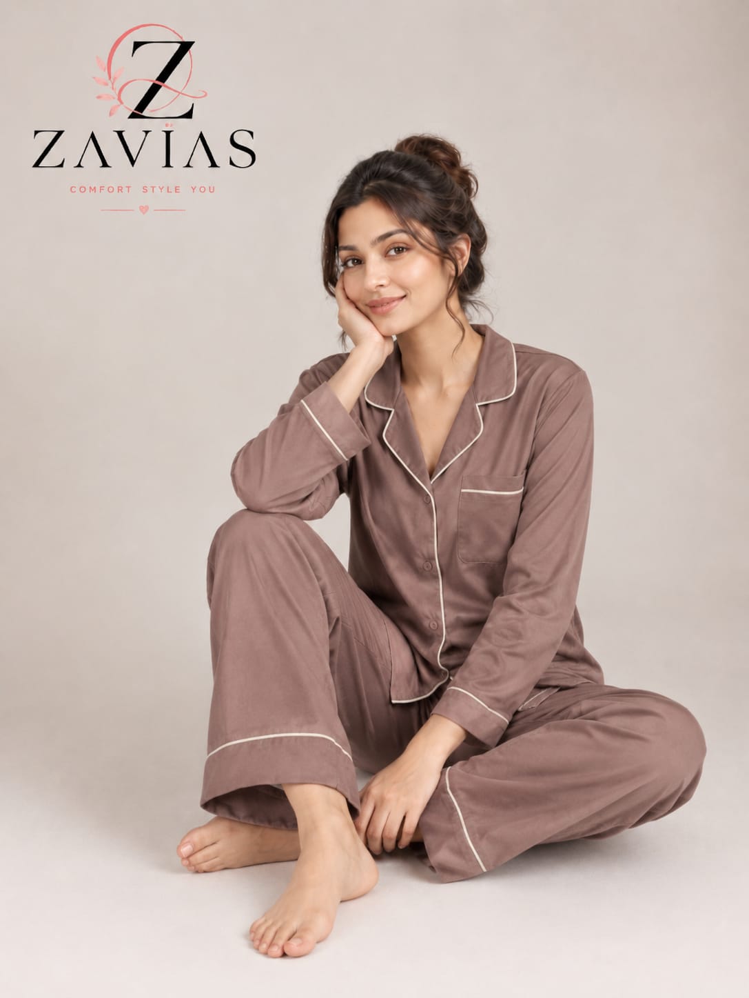 PLAIN SILK NIGHT SUIT - DUSTY MOCHA