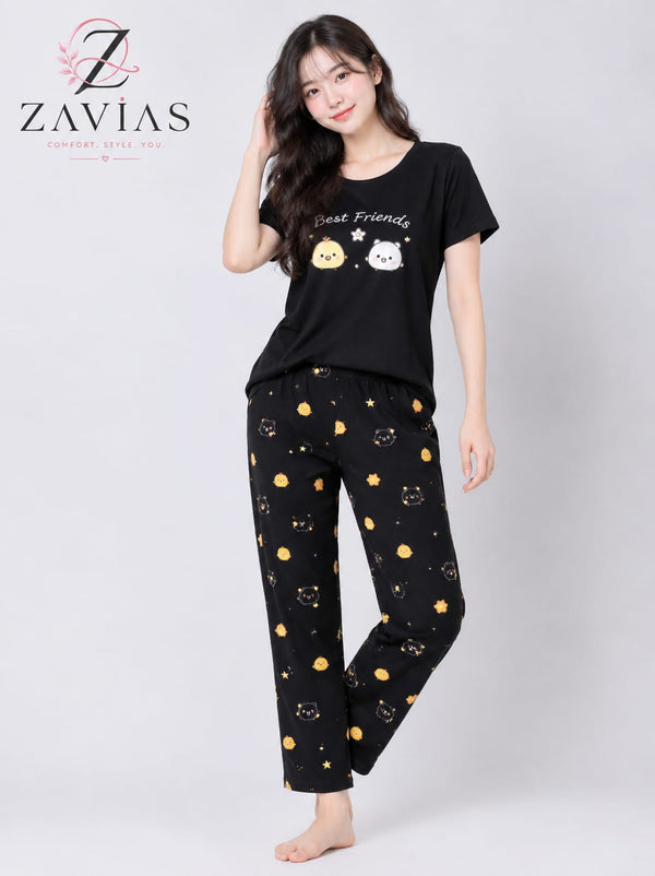 Best Friend Printed Night Suit – Black Relaxed Baggy Fit