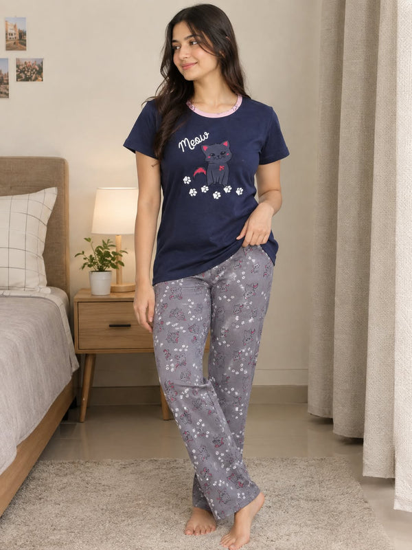 Black Cat Printed Soft Cotton Signature PJ Suit