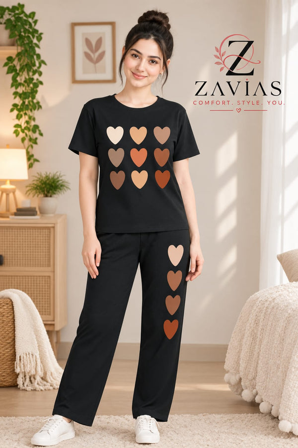 Brown Hearts Printed Night Suit – Black Relaxed Baggy Fit