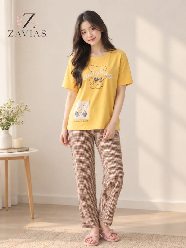 Bunny Bliss Printed Night Suit – Mustard Relaxed Baggy Fit