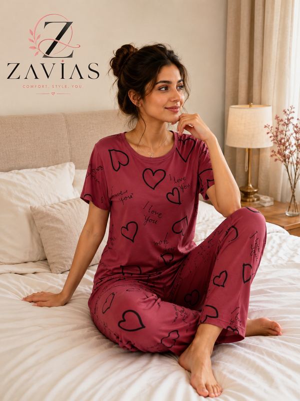 Dark Pink Love Printed Night Suit