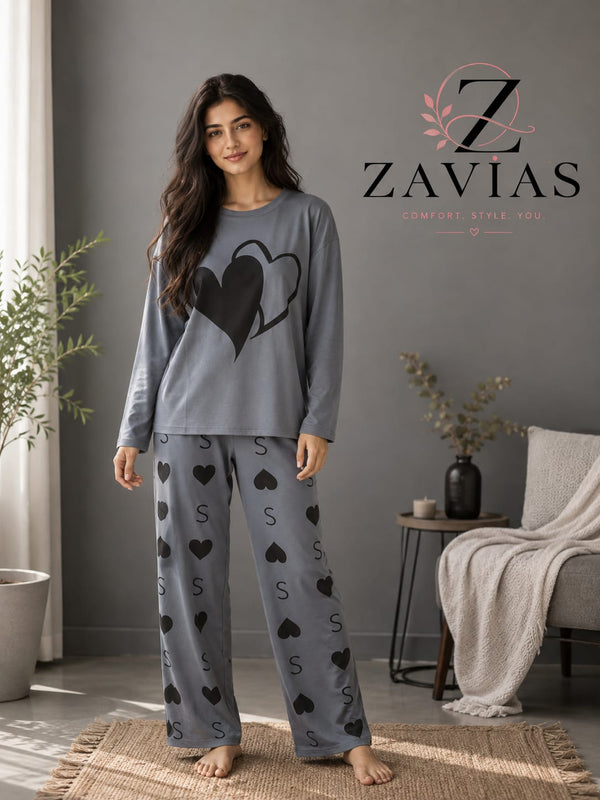 Double Heart Printed PJ Suit - Grey Full Sleeves