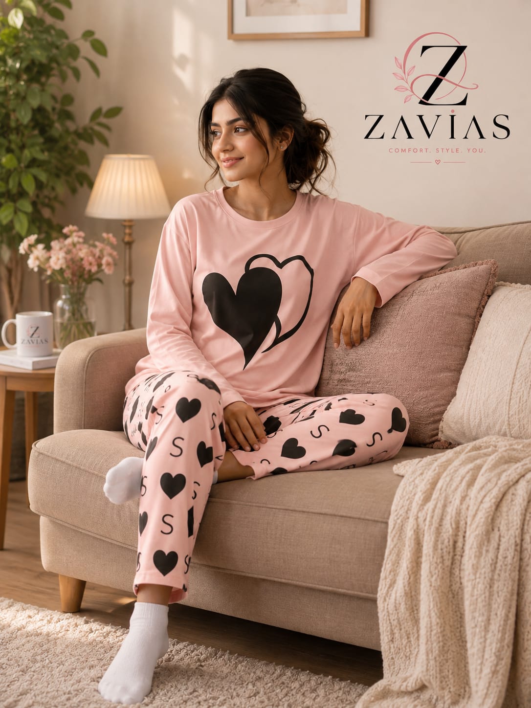 Double Heart Printed PJ Suit Full Sleeves- pink