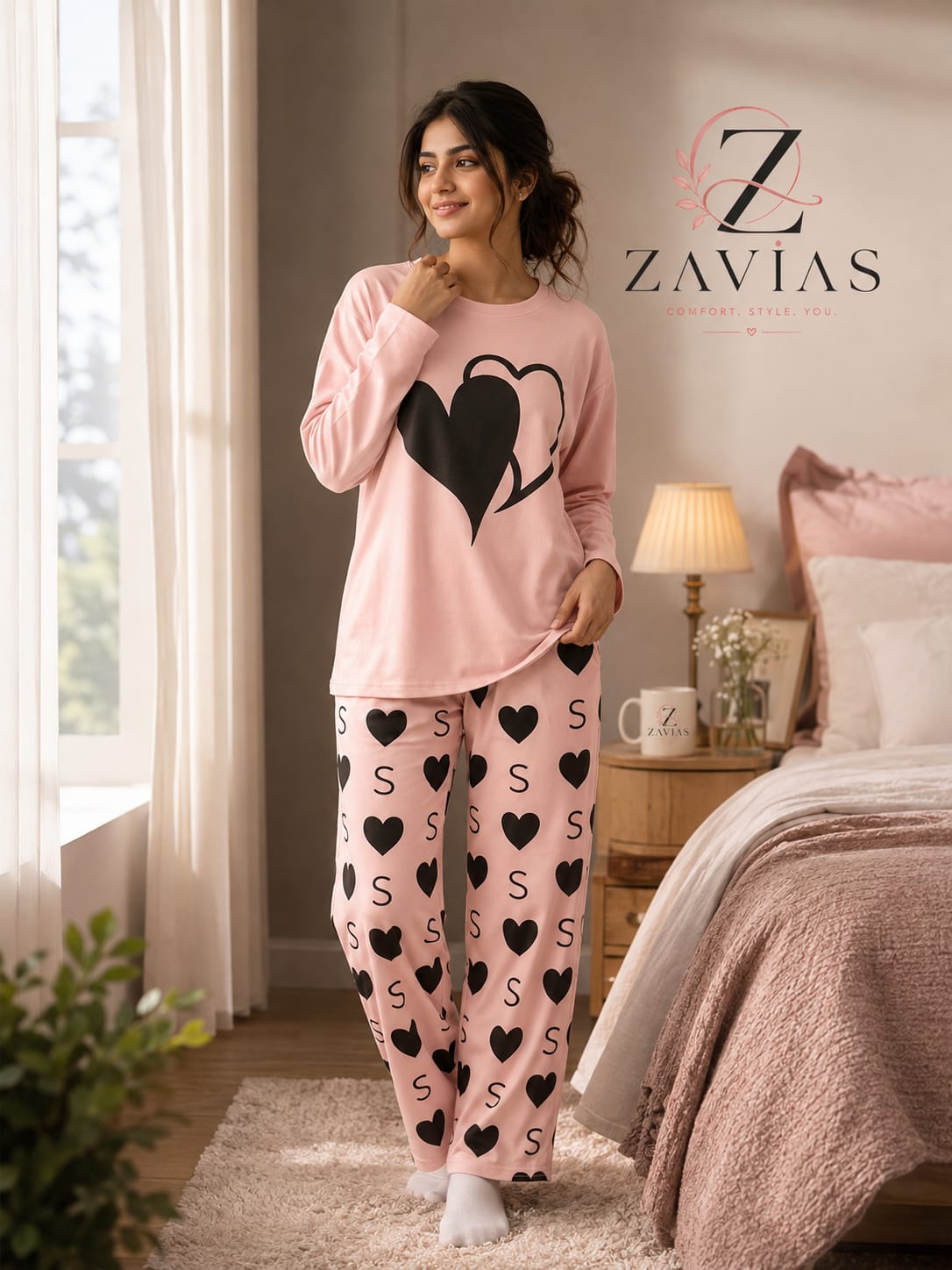 Double Heart Printed PJ Suit Full Sleeves- pink