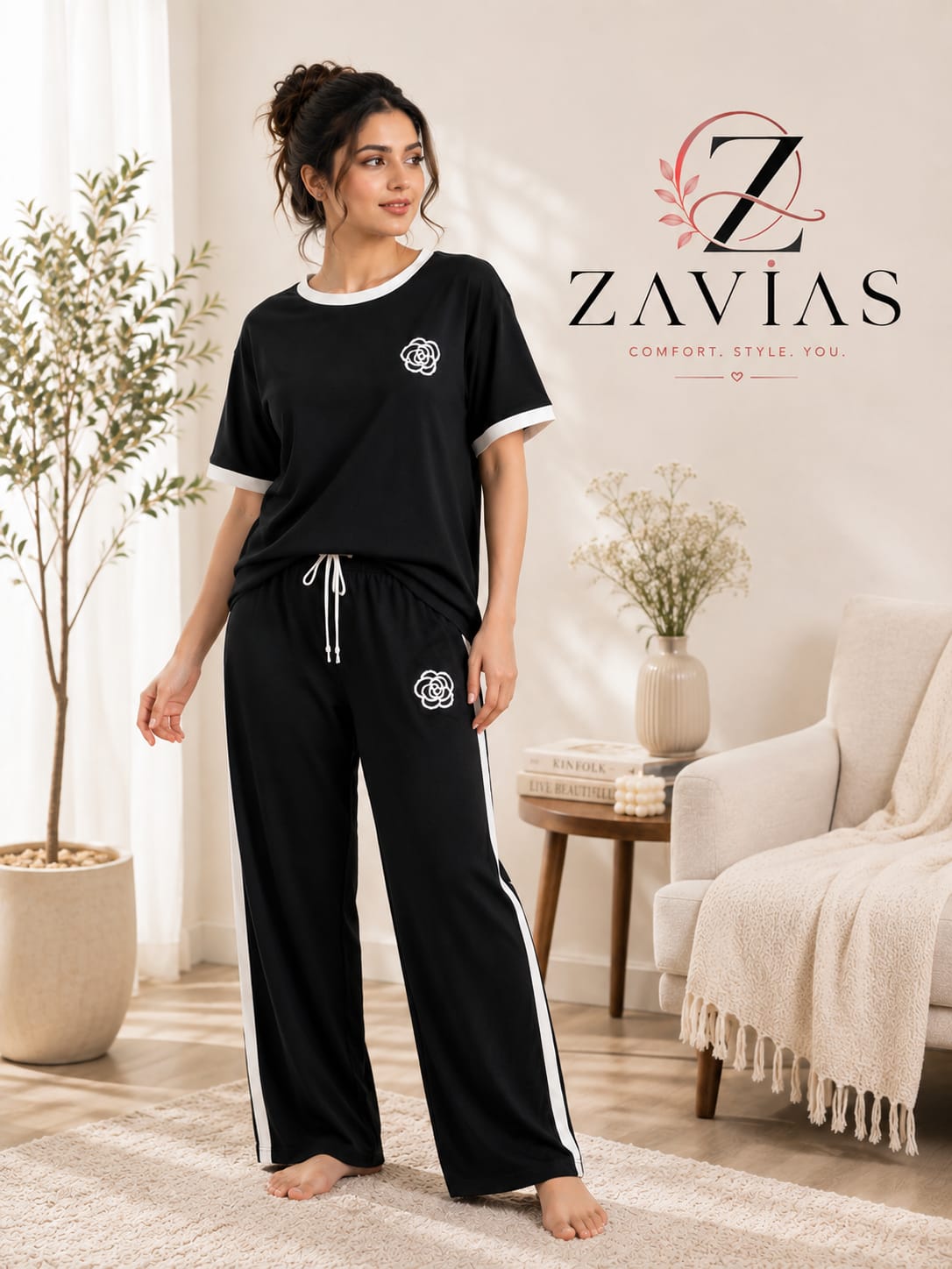 FlowerPrinted Black Track Suit