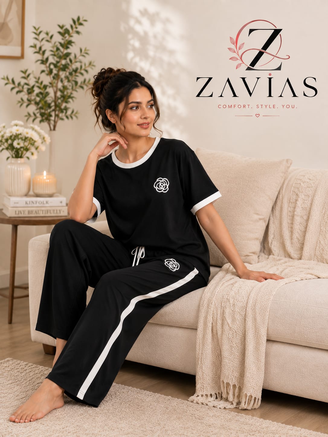 FlowerPrinted Black Track Suit