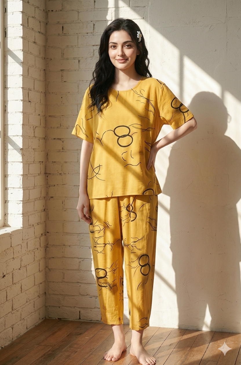 Yellow Ring Printed Capri Night Suit