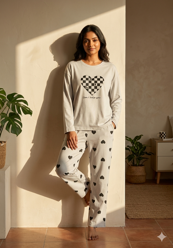 CHECKERED HEART PRINTED PJ SUIT FULL SLEEVES