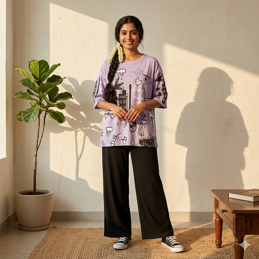 Purple Planet Printed Night Suit