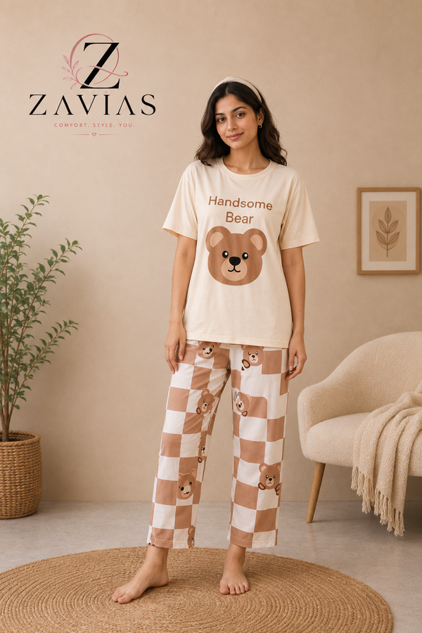 Handsome Bear Printed Night Pj Suit