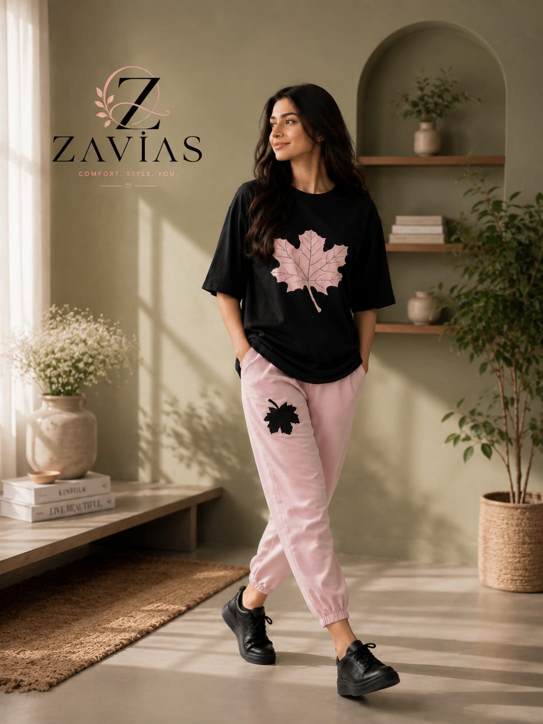 LEAF PRINTED BLACK TRACK SUIT