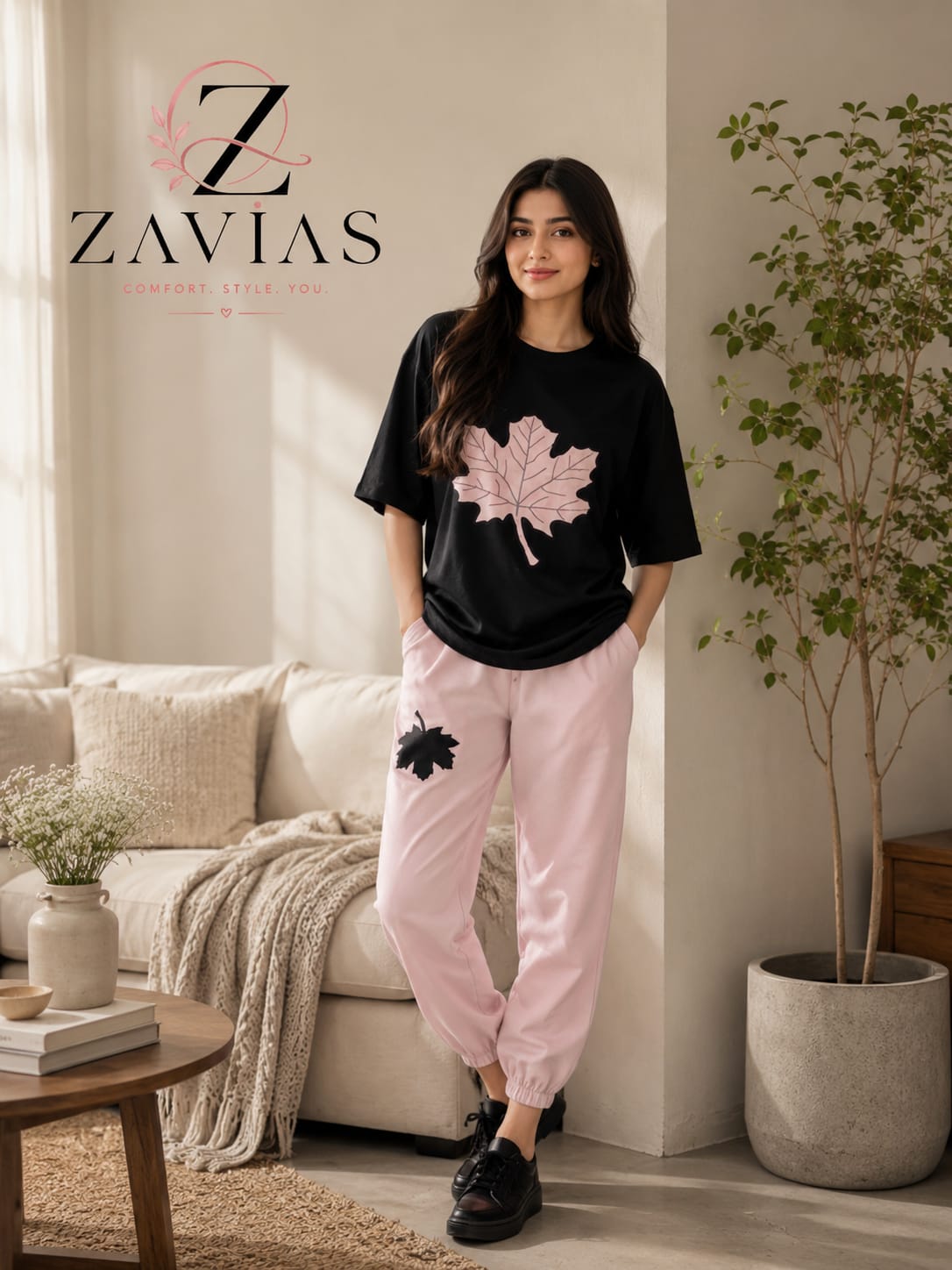 LEAF PRINTED BLACK TRACK SUIT