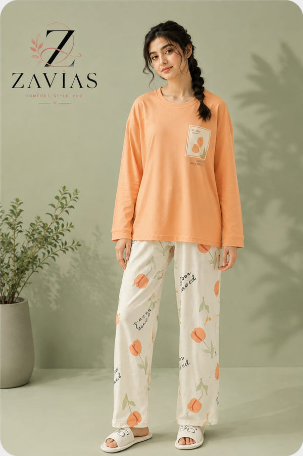 Orange Pocket Flower Printed Pj Suit Full Sleeves