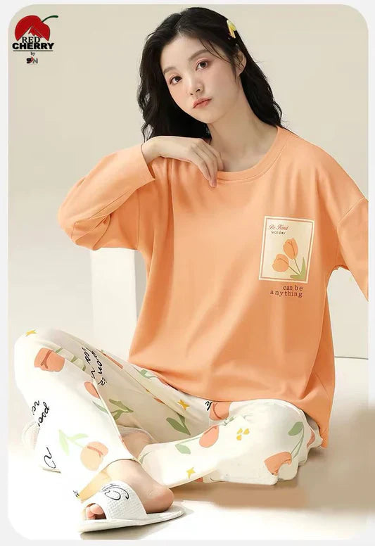 ORANGE POCKET FLOWER PRINTED PJ SUIT FULL SLEEVES