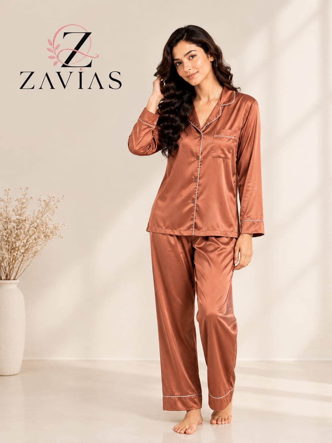 PLAIN SILK NIGHT SUIT - VINTAGE ROSE