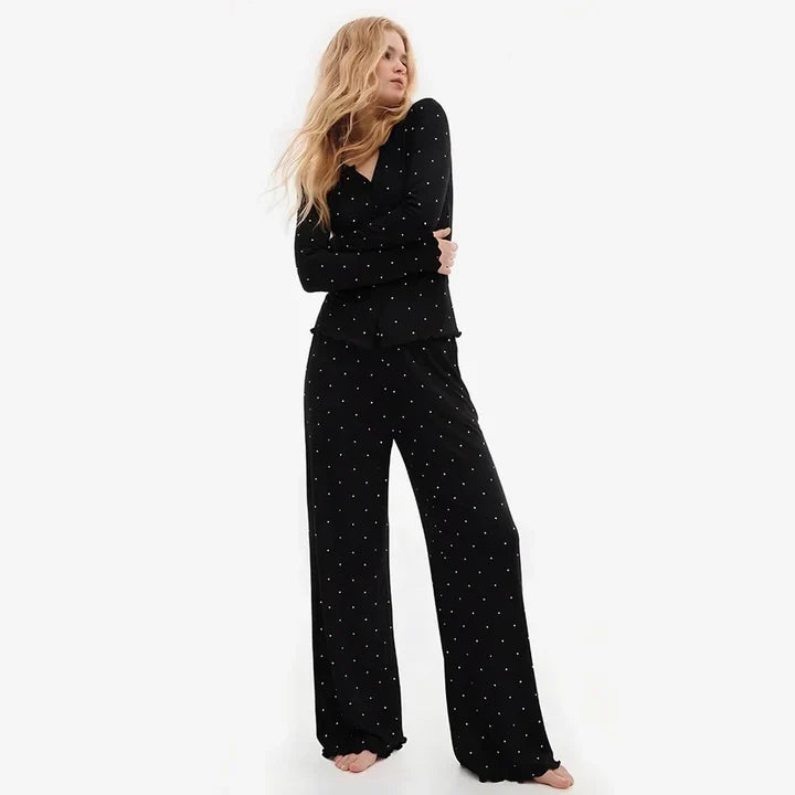 Midnight Dotted Luxe PJ Set - Obsidian Black