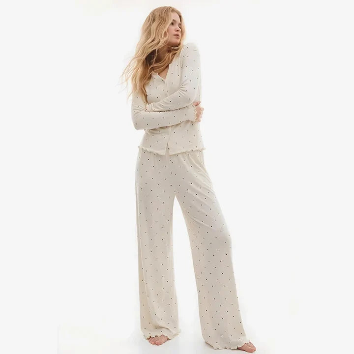 Midnight Dotted Luxe PJ Set - Soft Ecru