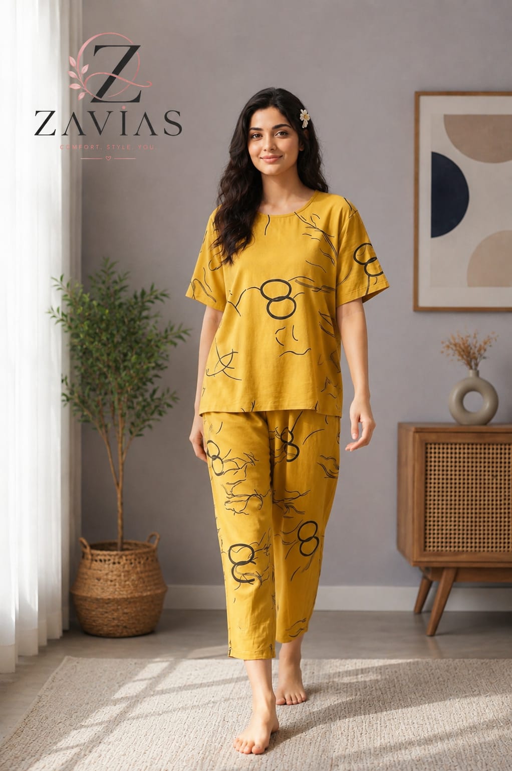 Yellow Ring Printed Capri Night Suit