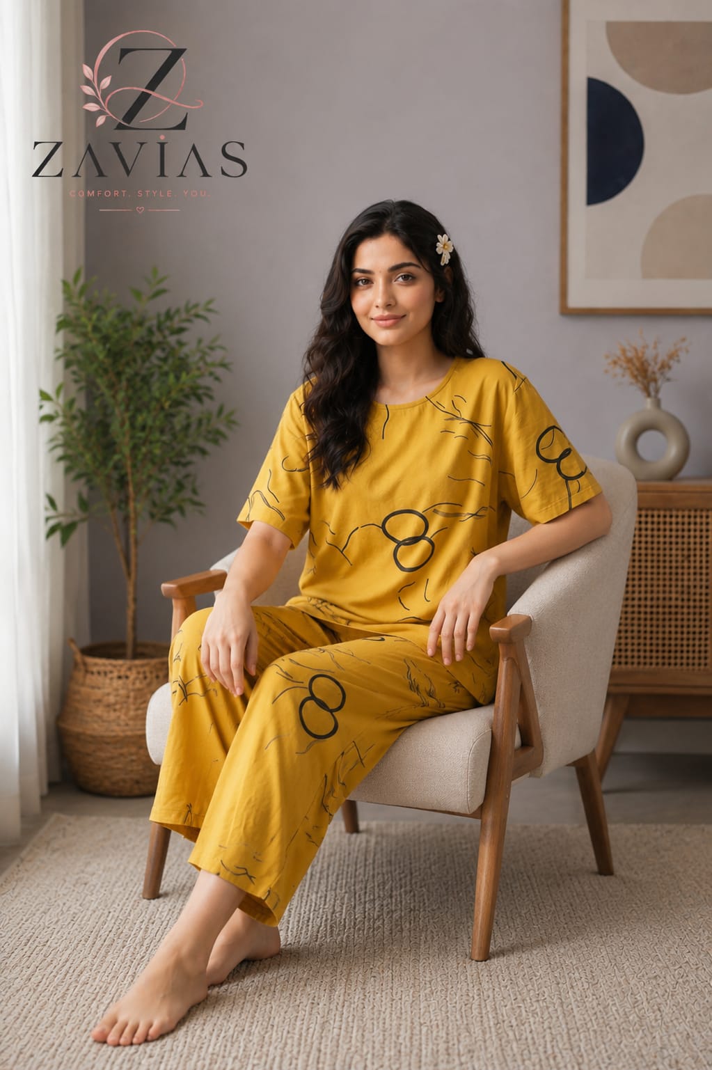 Yellow Ring Printed Capri Night Suit